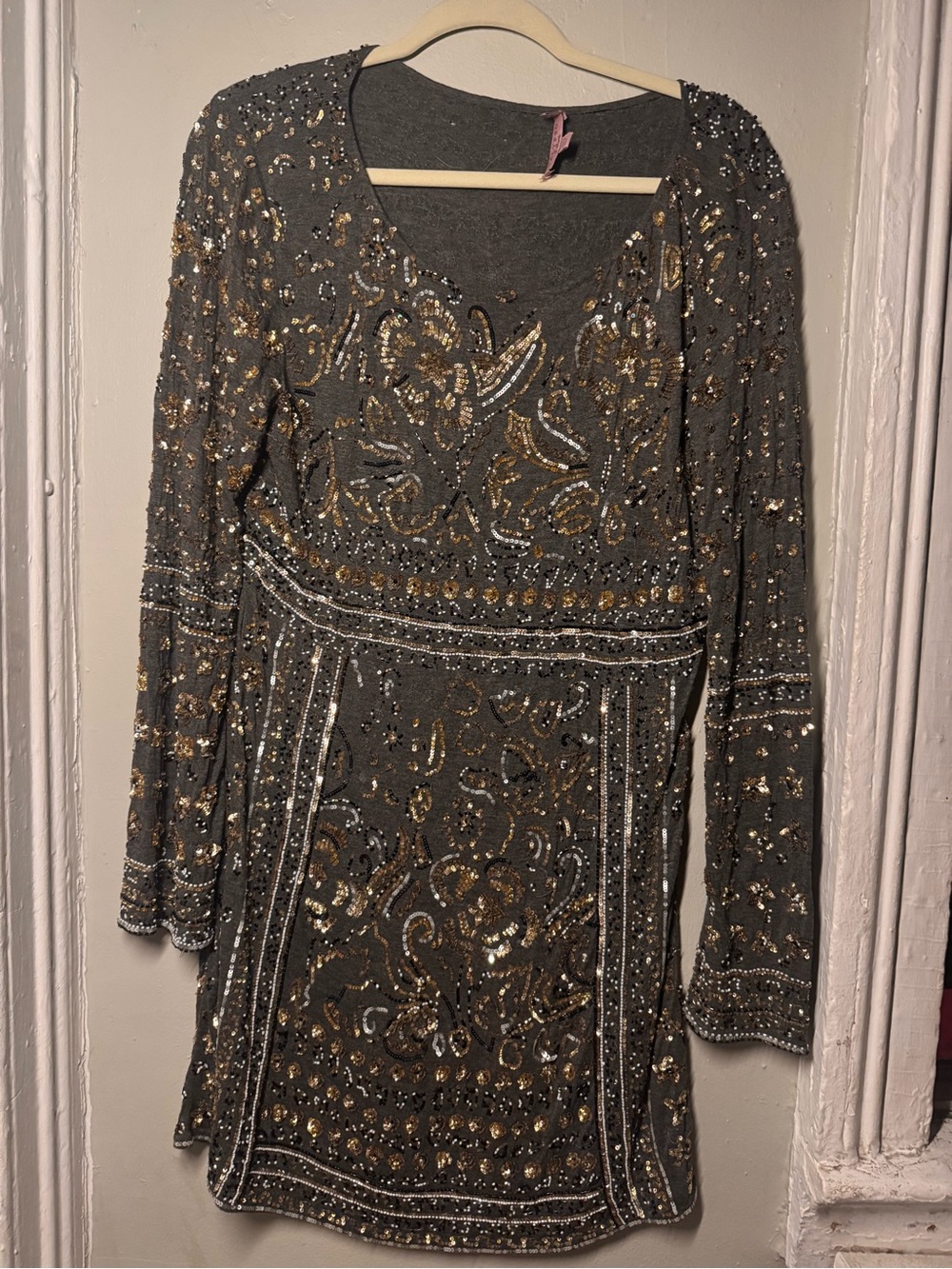 Calypso St Barth Beaded Sequin Mini Dress Gray Gold Paisley
